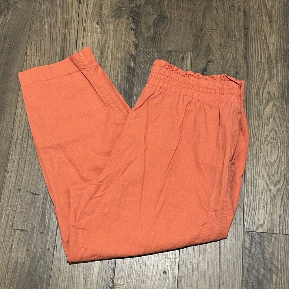A New Day Women XL Coral Orange Linen Blend Paperbag Waist Tapered Pants